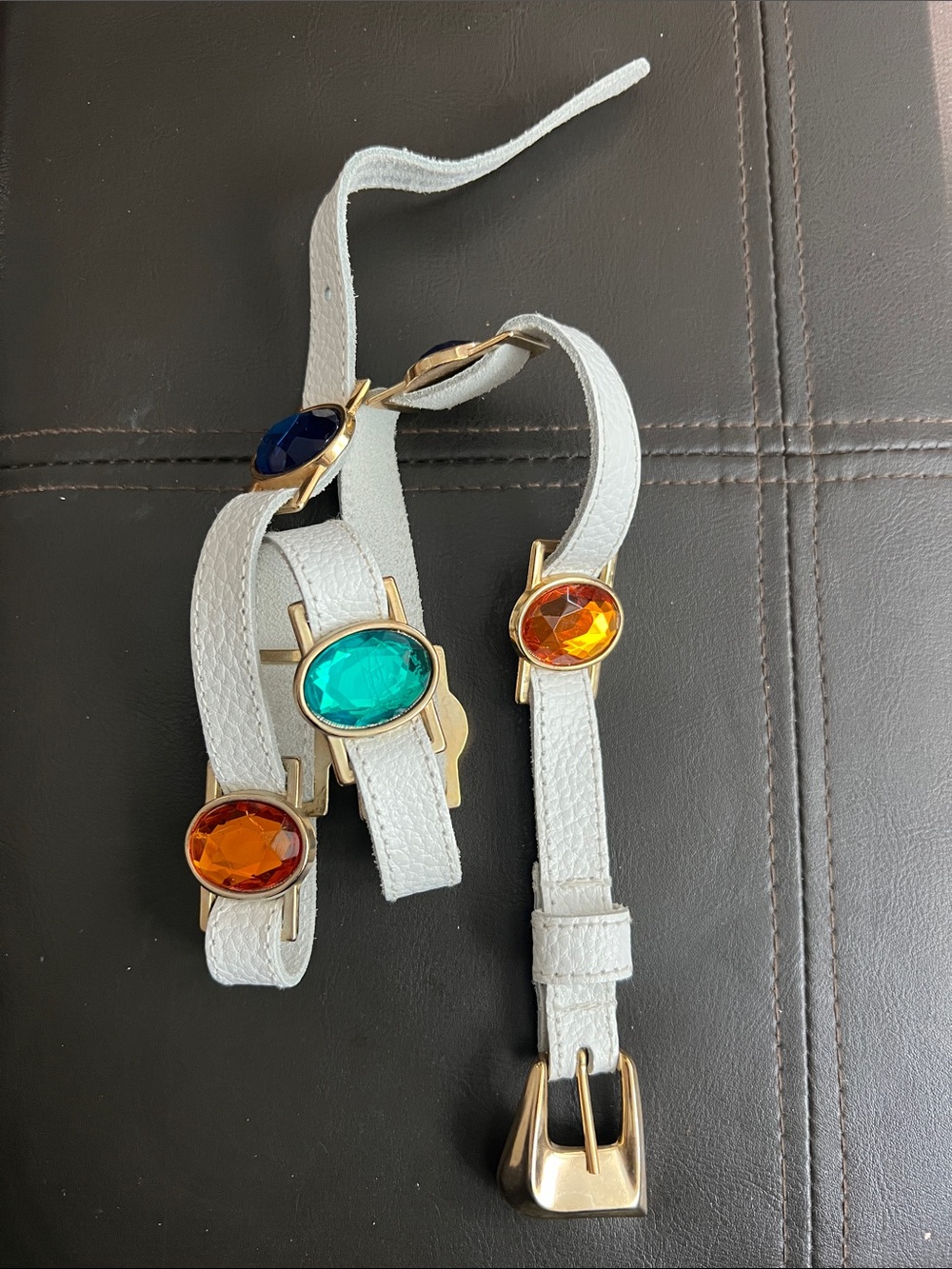 American Vintage White Leather Wrap Belt with Multicolored Gem Accents USA S/M